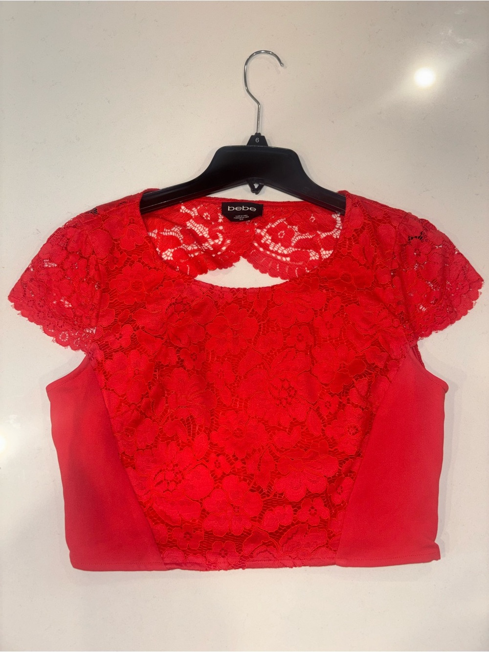 bebe Red Lace Overlay Short Sleeve Top Size M